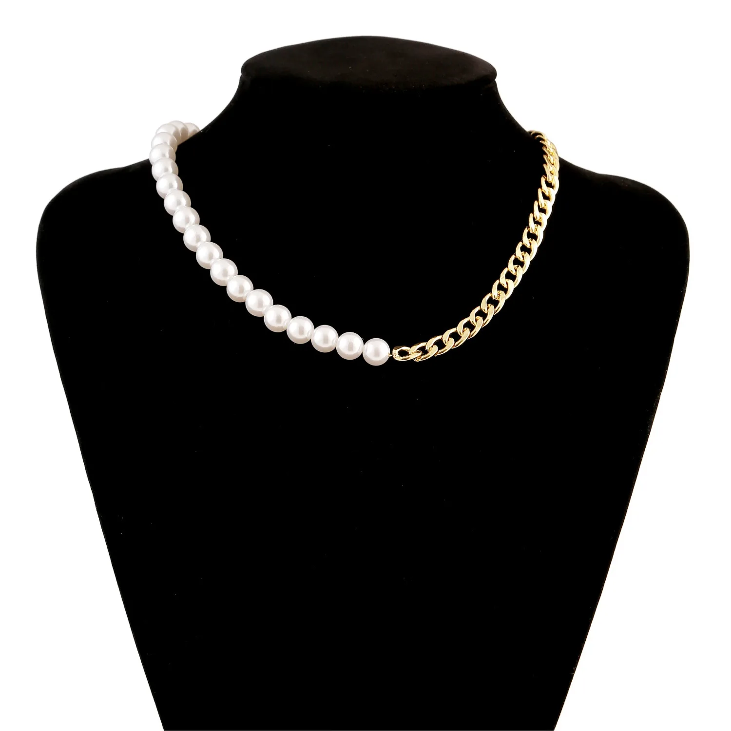 

half pearl half chain necklace fresh water freshwater beaded initial Jewelry Choker Link Chain Necklaces 18k gold plated, Yellow gold