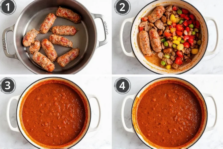 Step-by-step sausage chili preparation showing browning sausage, adding vegetables, and final simmered chili in Dutch oven