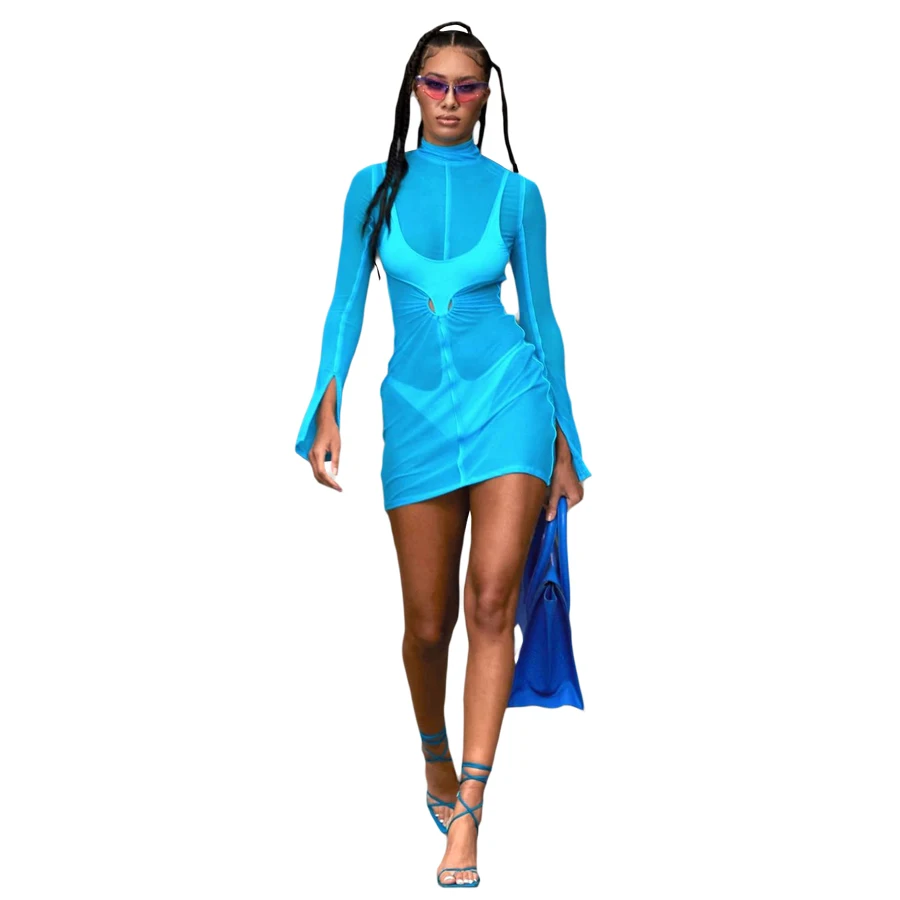 

K20S10879 Mesh Plaid Bodycon Mini Dress Women 2021 Spring Long sleeve O-Neck See Through Casual Streetwear Skinny Dresses Female