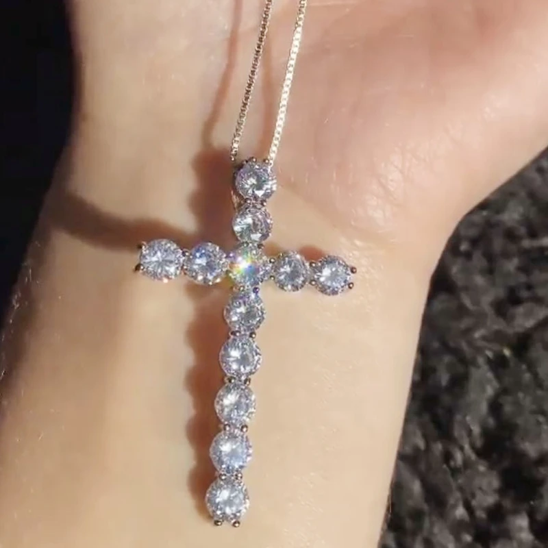 

Silver jewelry women iced out miami bling pink clear diamond cross necklace