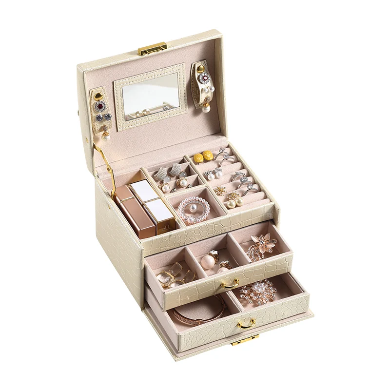 

Luxury Custom Logo PU Leather Large Jewelry Box Organizer With Drawer Necklace Ring Earring Jewellery Storage Packaging Case