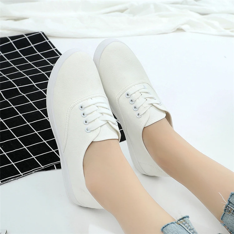 Fashion White Casual Shoes Low Cut Sneakers Girls Flat Plain Lace Up ...