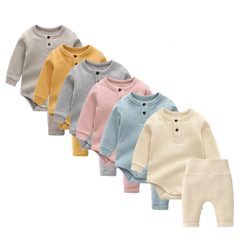

baju bayi Wholesale 6 Colors Spring Long Sleeve Unisex Baby Clothes set, Toddler Clothing Ribbed Knitted baby romper for boy, Various colors and patterns