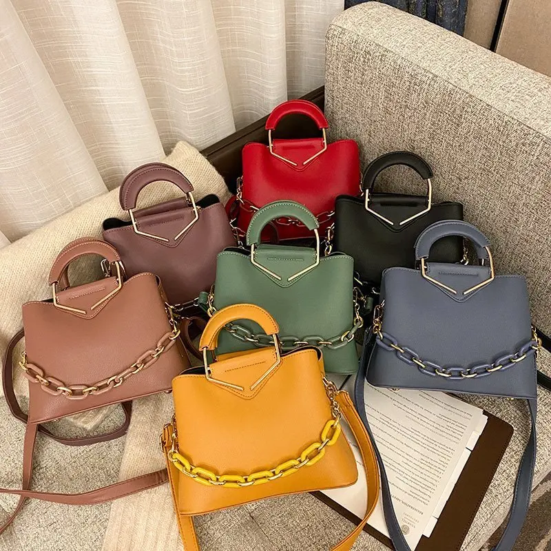 

2021 New Design Acrylic Chains Bucket Handbags Simple Elegant Solid Color Shoulder Bolsa Leisure Mujer Luxury Crossbody Purses