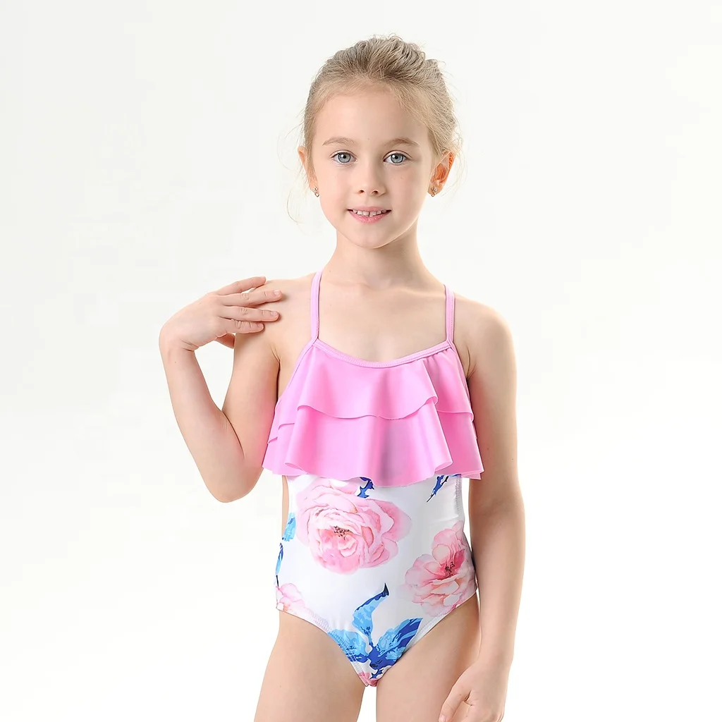

New 2022 Kid Pink Comfortable Sling Cute One Piece Bikini Set Beach Wear Little Girl Halter Swimsuit Children Ruffle Swimwear