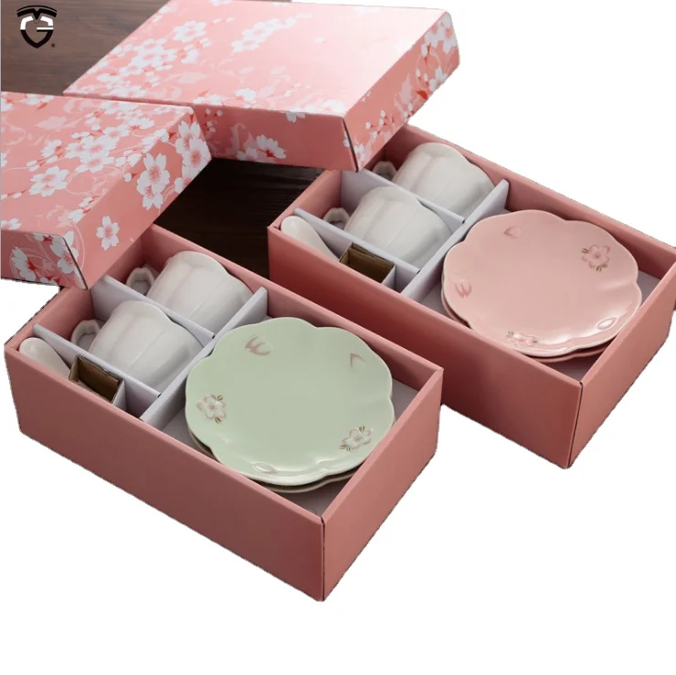 

pink box milk water juice flowler two white cups saucers set milk marble porcelain plate ceramic coffee tea cup sets with saucer, Customized promotional mug