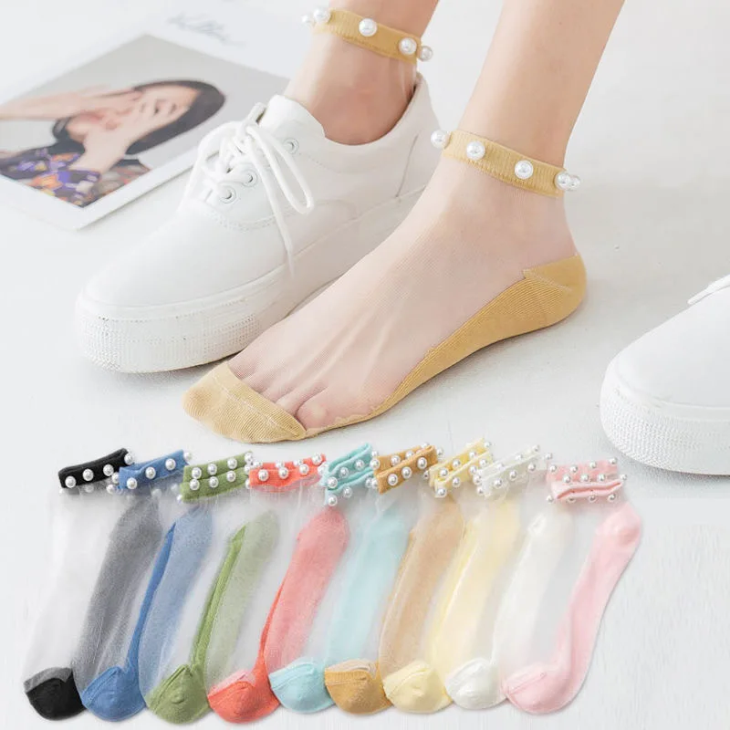 

Faux Pearl Bead Decor Mesh Ankle Transparent Sheer Socks Women Girls