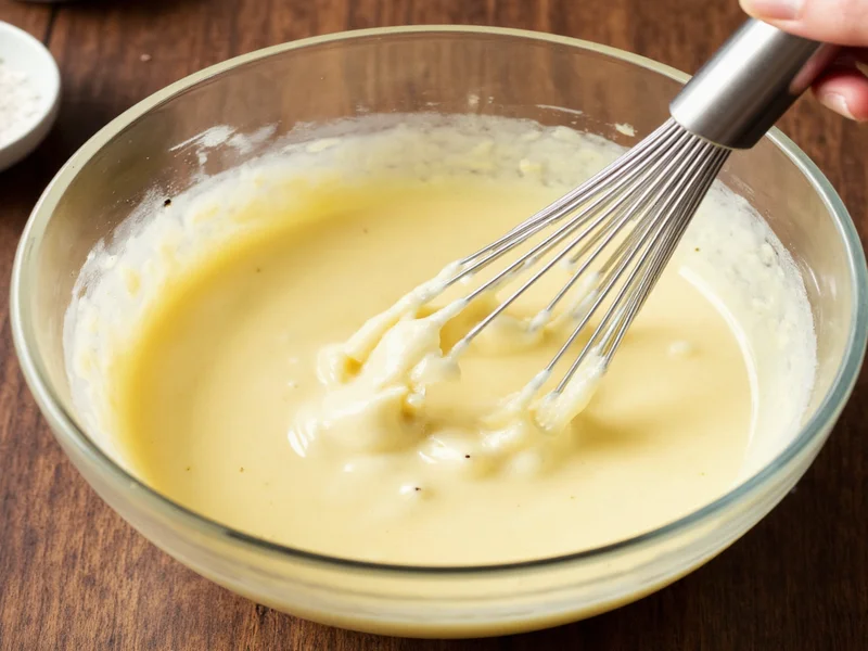 Whisking mayonnaise emulsion in glass bowl