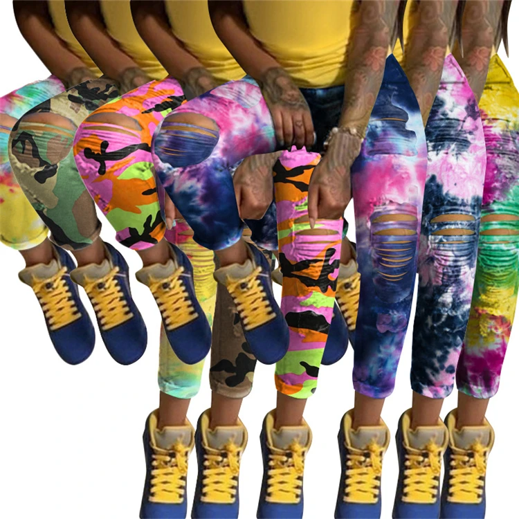 

M11490 Tie dye jeans denim women high waisted plus size pants