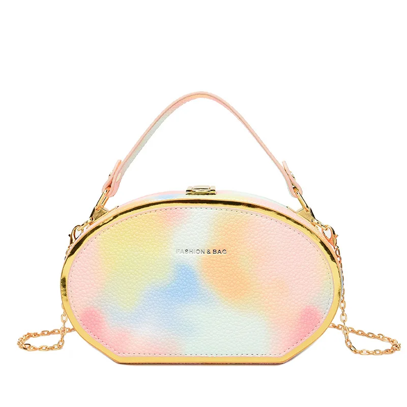 

Korean version new 2022 women's handbag stylish rainbow color Ins oval leather shoulder messenger bag with chain, 7 colors