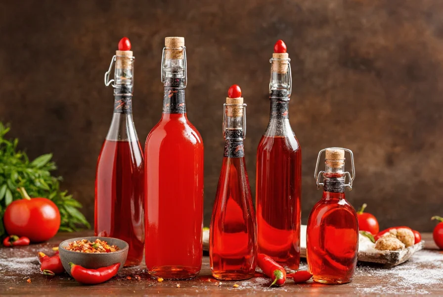 Asian chili oil bottles on wooden table with cooking ingredients