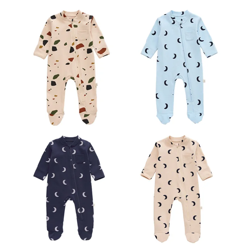 

High quality infants footie jumpsuits toddlers long sleeve bodysuits baby boy's and girls' printed rompers with zipper