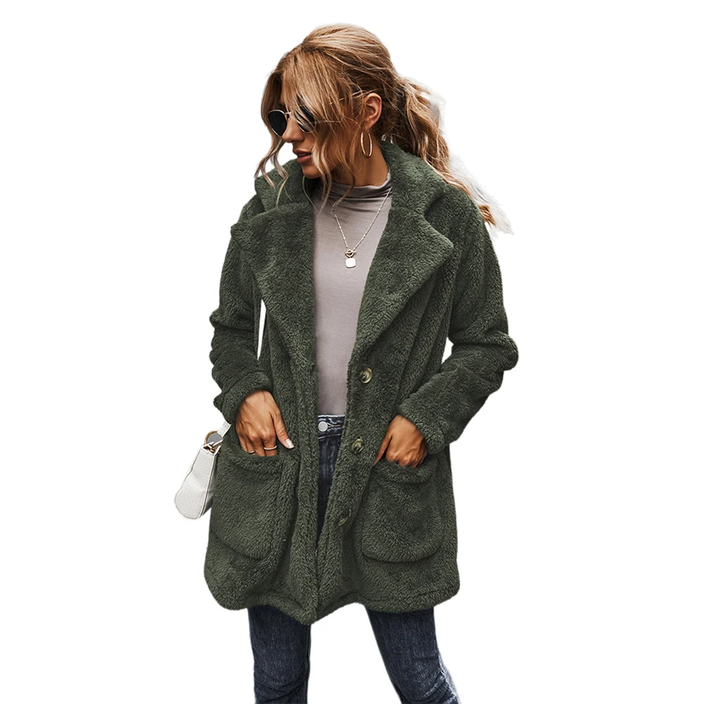 

Factory Price Solid Trendy Lapel Collar Pocketed Fur Plush Winter Coat for Women, Black, brown, khaki, army green, rust red