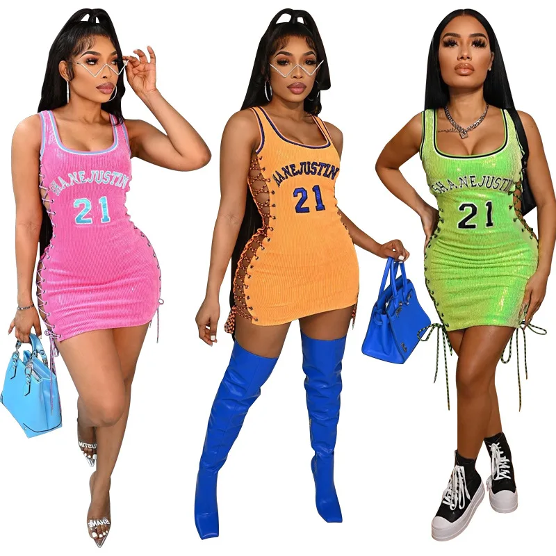

2022 Amazon Ladies Sequin Strap Sexy Tight Hip Bag Alphabet Embroidered Sport Basketball Club Dresses, Customized color