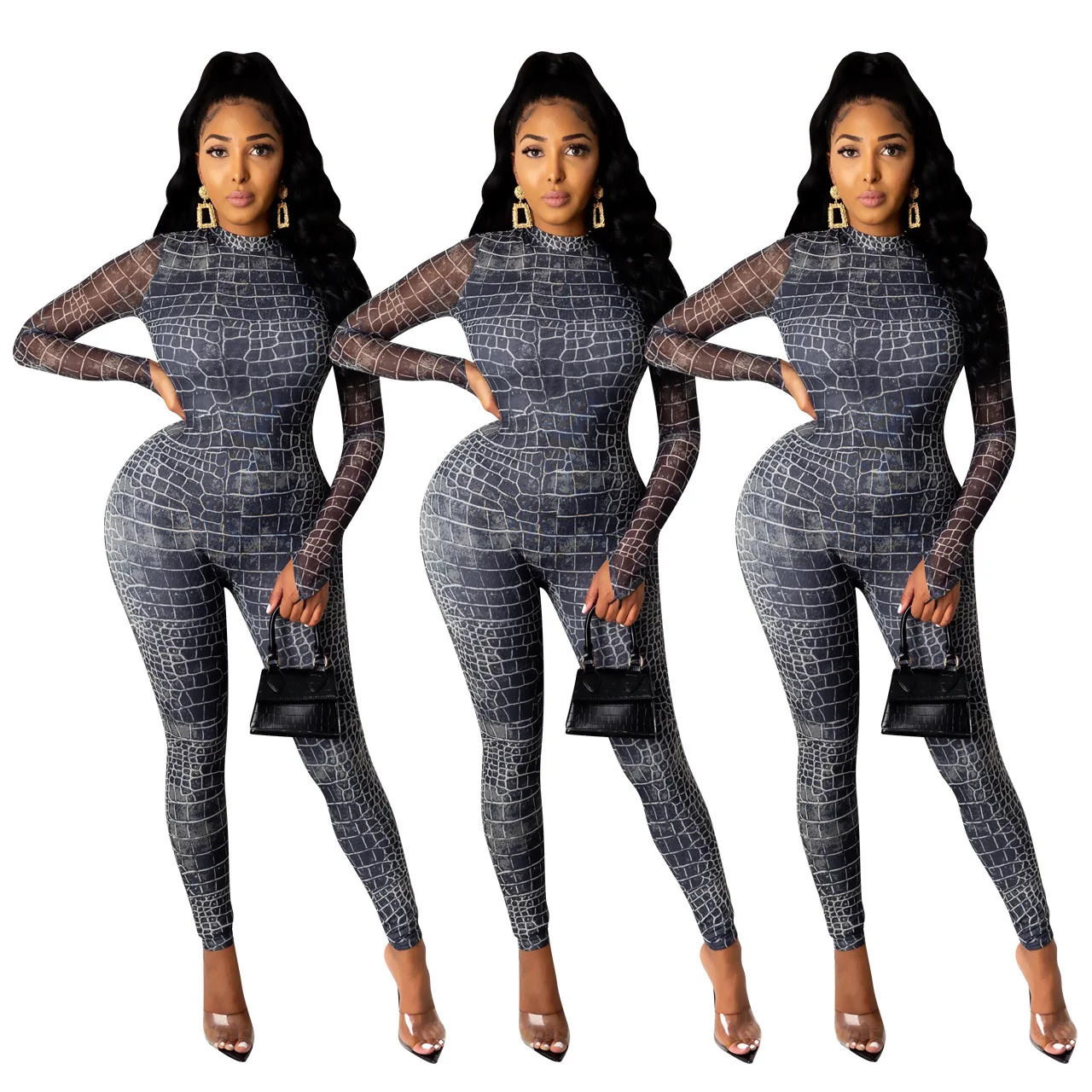 

Autumn Geometric Bodycon Long Sleeve Jumpsuit Women Active Wear Sexy Club Rompers One Piece Overalls Playsuits