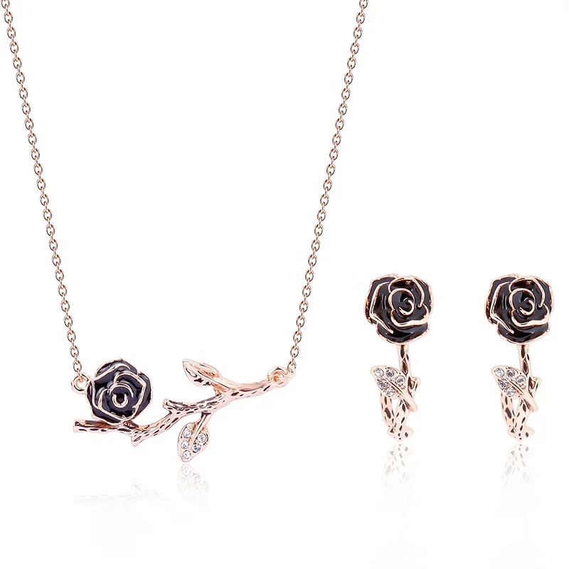 

PUSHI wooded chain flower necklace zircon necklace earrings jewelry rose gold necklace set, Rose gold color