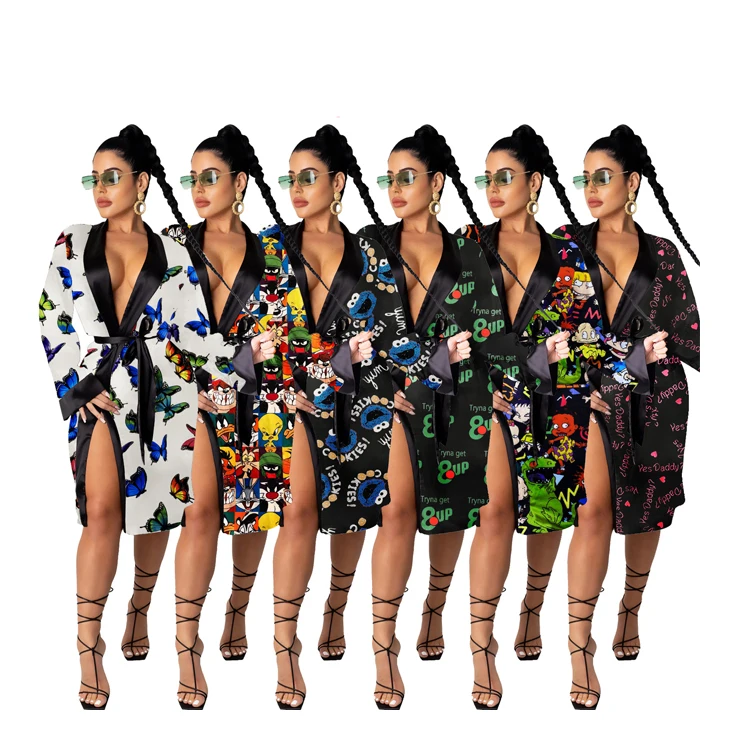 

Wholesale women's silk sleepwear Printed long-sleeve thin coat shawl cardigan satin pajamas for women ladies nightgown robe