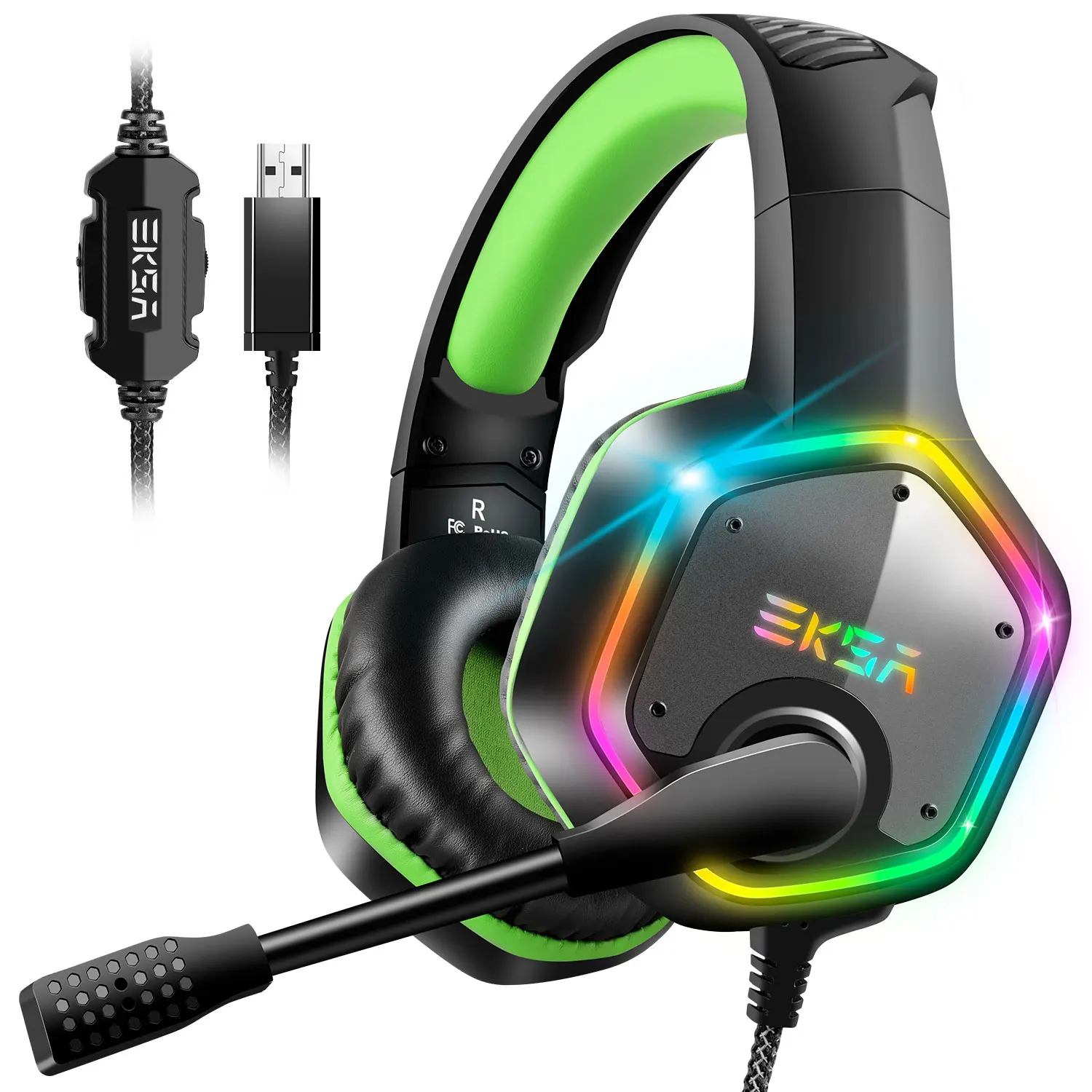 

EKSA E1000 7.1 Virtual Surround Head set Gaming Color LED Light Gamer Headphones With Super Bass ANC Mic For PC PS4 Gray Green