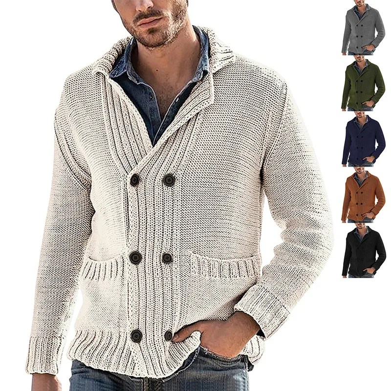 

2021 Winter men luxury sweater solid double breasted v neck sweater men street wear high quality loose cardigan sweater men