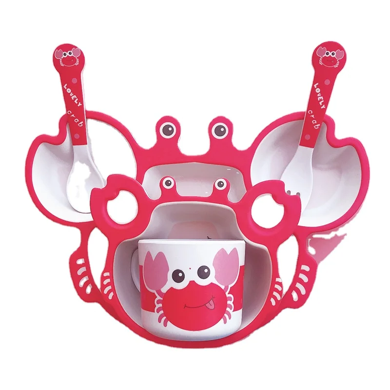 

New lovely cartoon bamboo fiber children tableware set family baby crab separate compartment plate