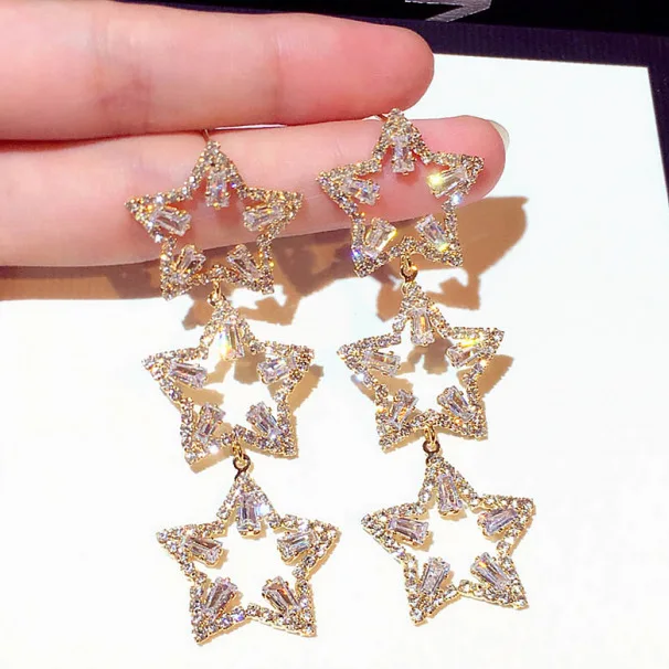 

European Sparkling Diamond Hollow Star Drop Earrings Shiny Real Gold Plated Multiple Rhinestone Crystal Star Dangle Earrings