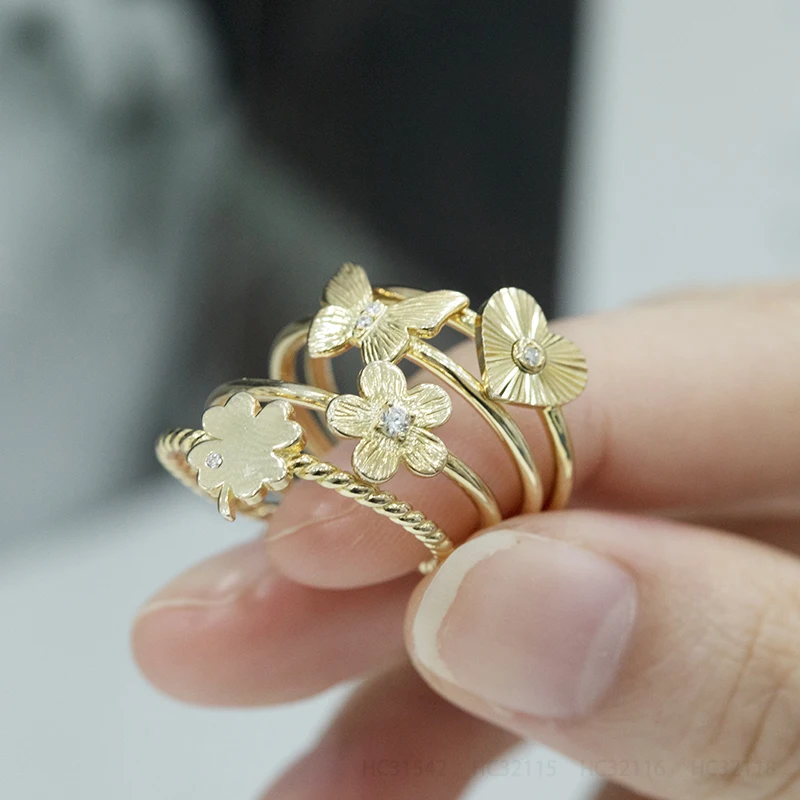 

Gold Plated 925 Sterling Silver Simple 14K 18K Gold Plated Jewelry Flower Clover Heart Rings