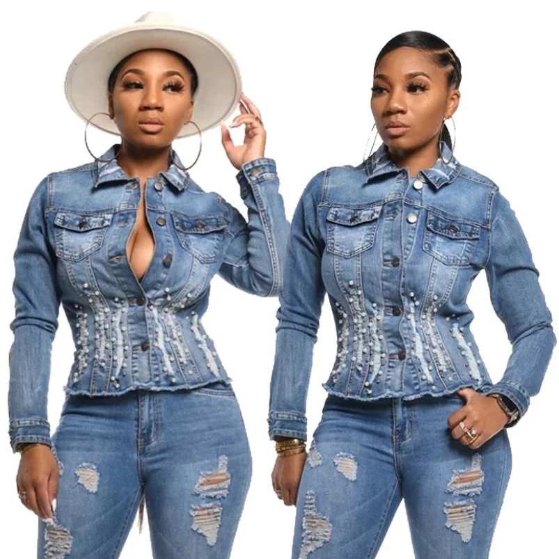 

JY-8238 2020 Autumn Wholesale High Quality Ladies Beading Denim Jaket Women Ripped Jean Jackets With Pocket, 1 as pictures