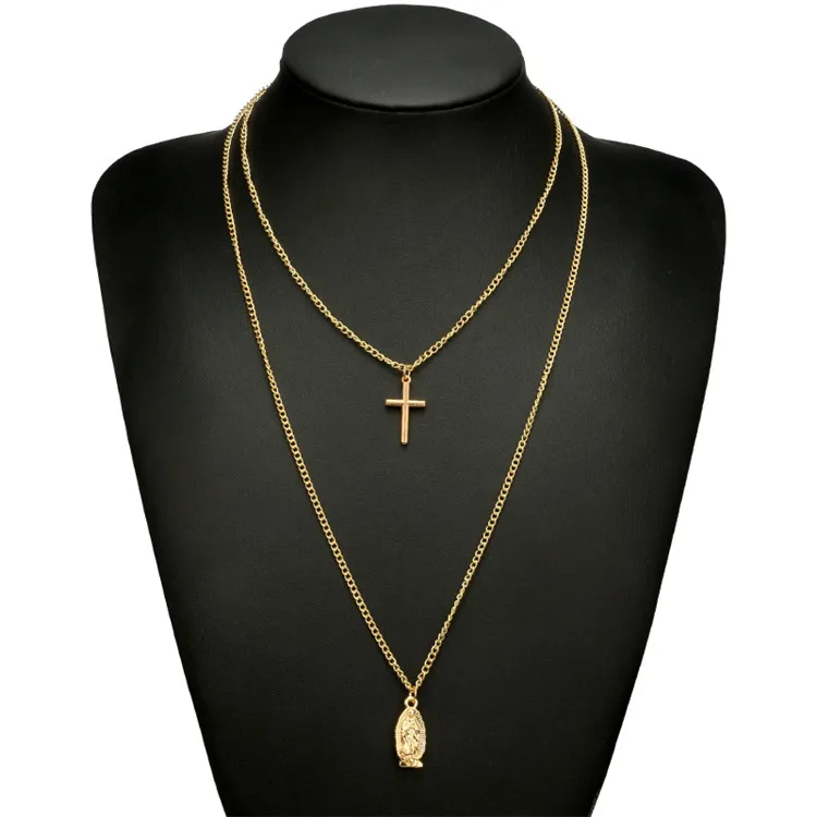 

Ruigang 2018 New Design Copper Alloy Chain Double Layer Cross Gold Plated Virgin Mary Pendant Necklace