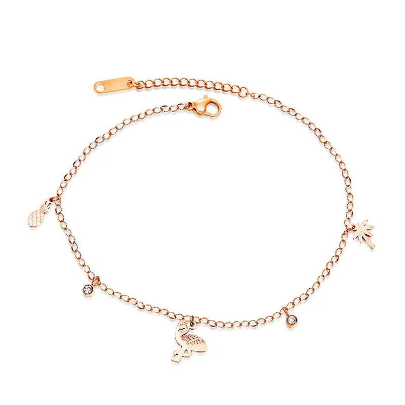 

New Arrival Rose Gold Plating Fruit Pineapple Anklet Adjustable Stainless Steel Coconut Palm Tree Foot Chain For Holiday