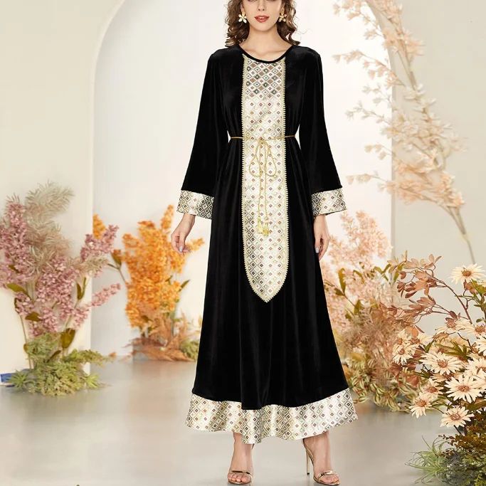 

Elegant gold jacquard muslim dress black slimming velvet dress