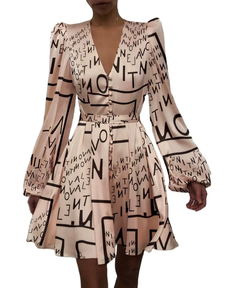 

New Polyester A-line One-piece women autumn dresses breathable lantern sleeve v-neck dress, Picture