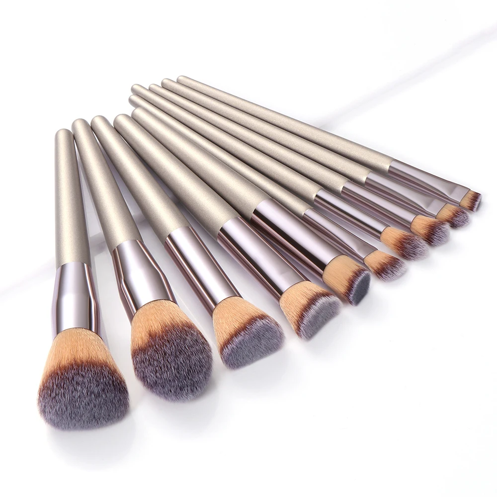 

HZM 10pieces Brush Set Professional Makeup Brush Sets Champagne with Wooden Handle Pu Leather Bag 10 Piece Synthetic Hair