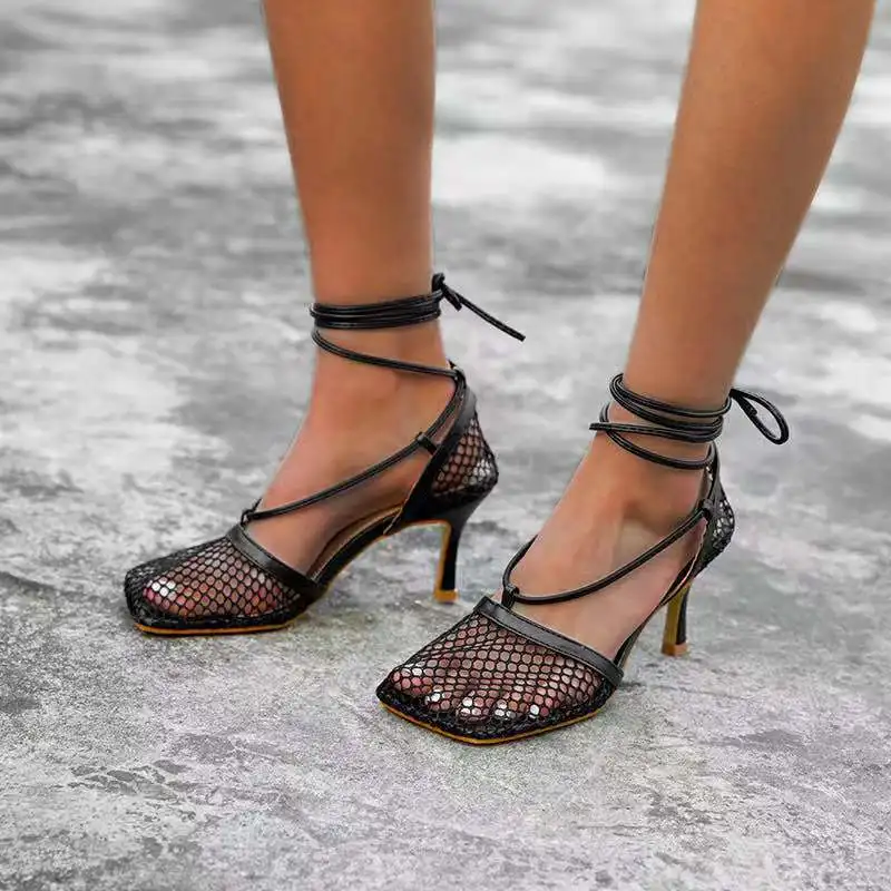 

Designer 2021 heel for lady square toe lace up heels black mesh sandals rope hight heeled sandals for women summer, Picture