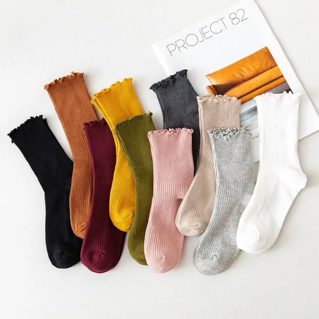 

High quality cheap lace design solid color Wooden ear women's socks fashion matching tube socks, Custom color