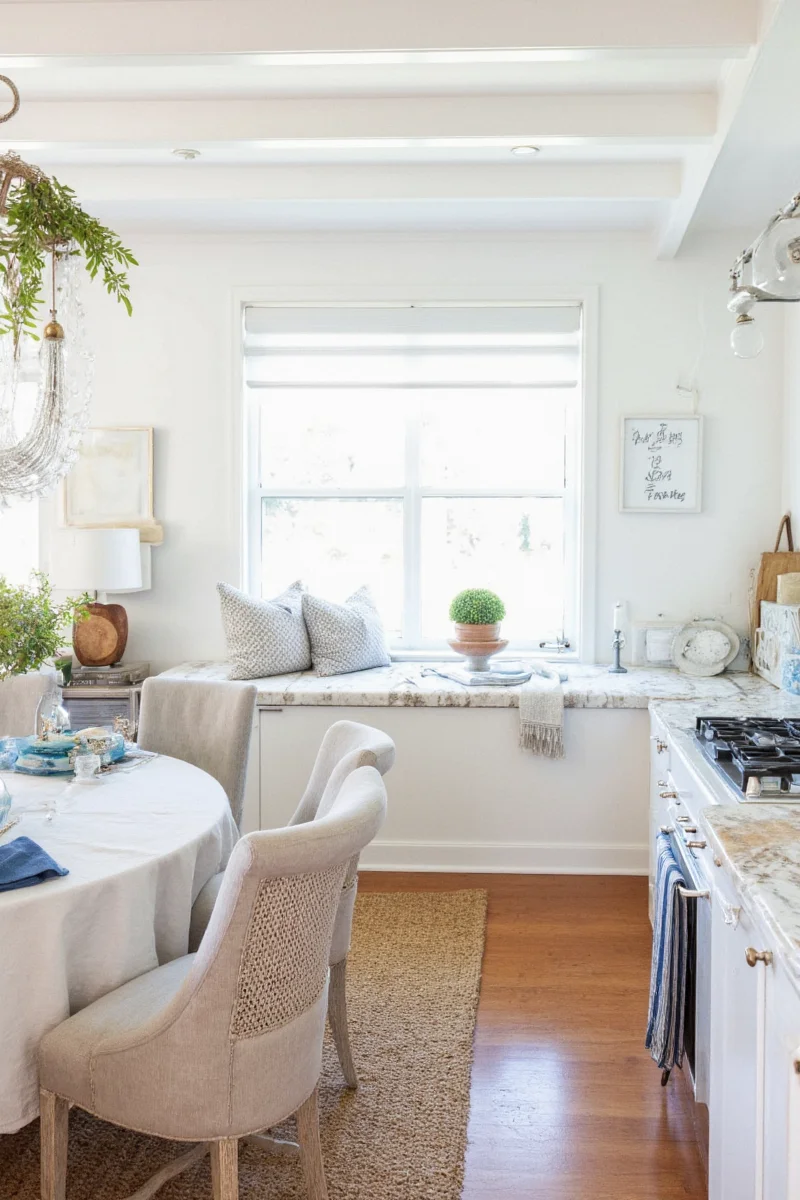 A cozy family room decorated in coastal grandmother style with kids' artwork displayed on a floating shelf.