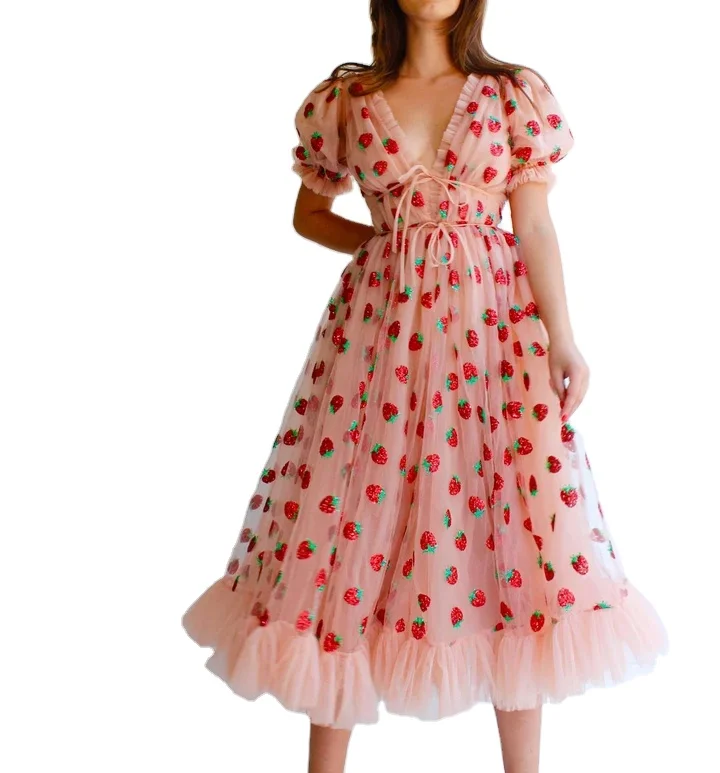 

Summer New Elegant Mesh V Neck Strawberry Embroidery Short Puff Sleeve Ruffled Maxi Dress, Picture color