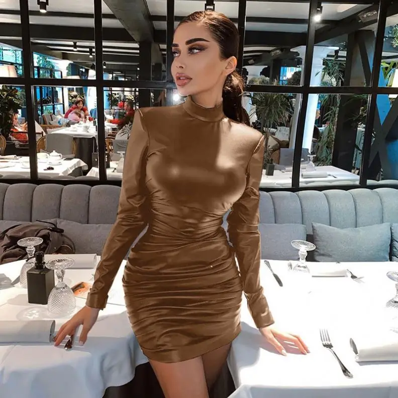 

X00945M 2020 autumn/winter new fashion sexy slim body show long sleeve leather dress black dress in stock