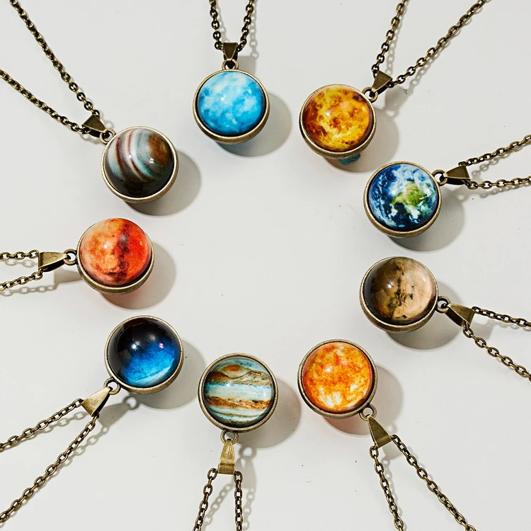 

Personality Vintage Men Jewelry Glass Ball Glowing Earth Mars Eight Planets Pendant Necklace For Women, As shown