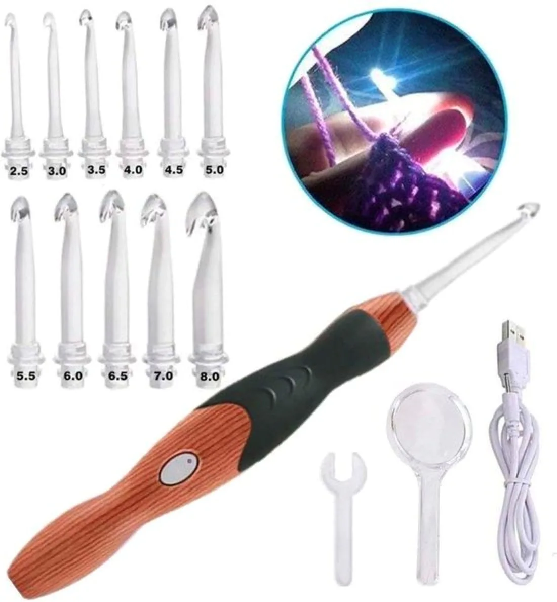 

hot sale DIY Hand Knitting Tool with LED light Crochet Set USB rechargeable LED luminous bearded needle latch needle;