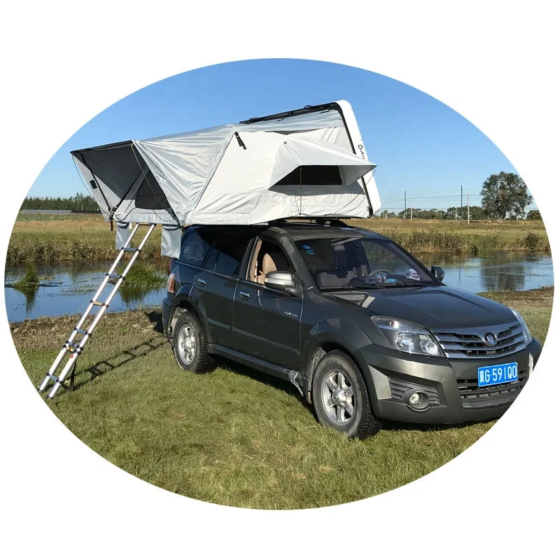 

Hard shell 4 persons off road roof top tent 4x4 hard shell roof top tent, Green/ grey/ khaki fabric, white/ black shell