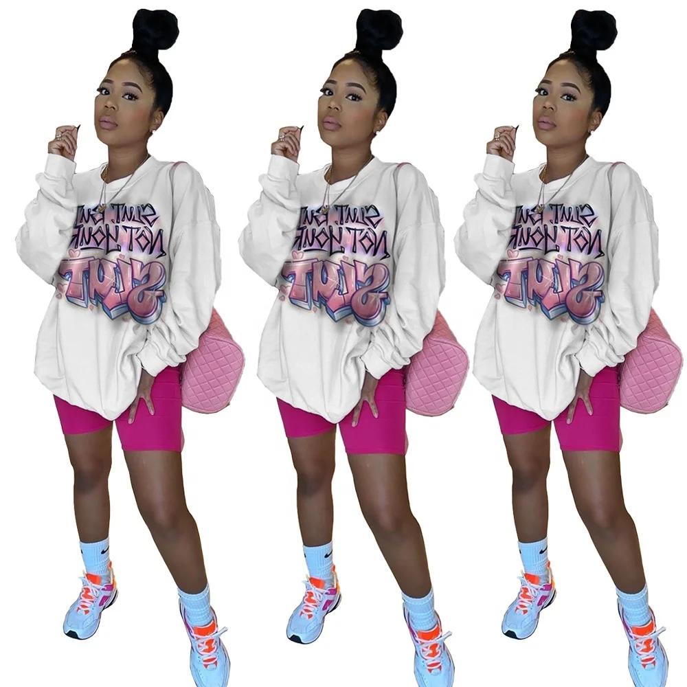 

Printed fashion long sleeve women hoodie loose white hoodie lady women top