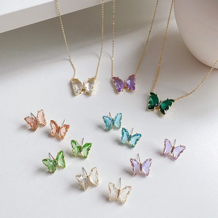

2020 rainbow crystal 925 silver stud butterfly earring diamond necklace, As picture