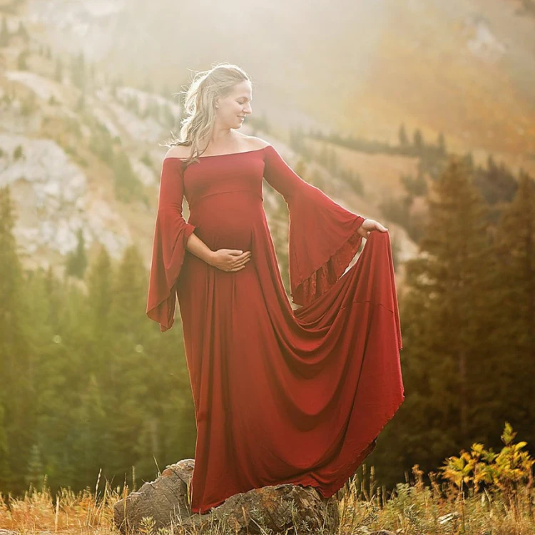 

Floor Length Long Sleeve Off Shoulder Prom Wedding Pregnant Women Summer Dresses