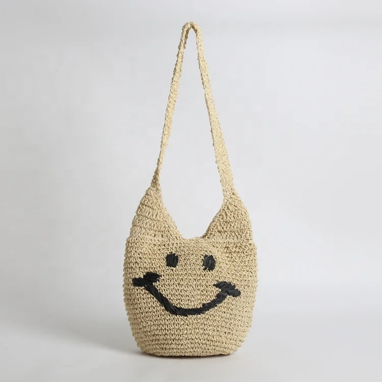 

Wholesale embroidered straw bag summer beach bucket shoulder handbags for women, Beige