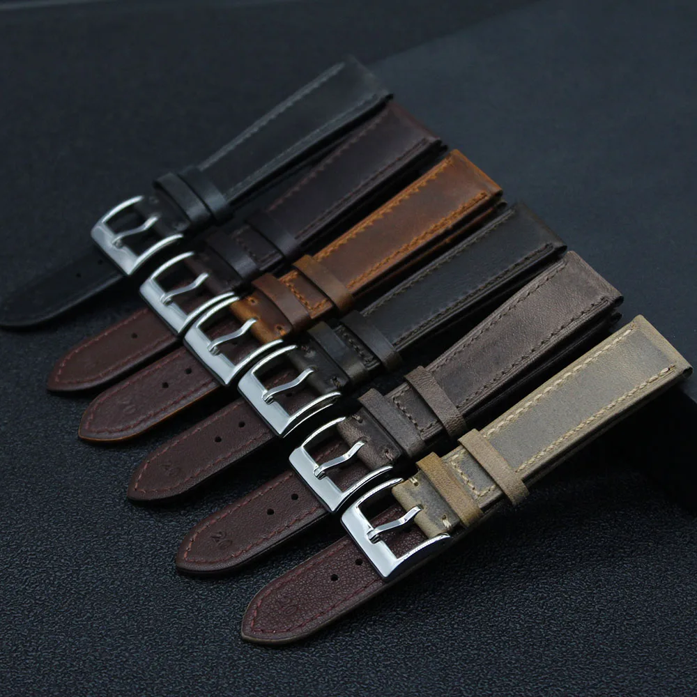 

High Quality Oil Waxed Italian Men Watch Leather Band 18mm 19mm 20mm 21mm 22mm Vintage Leather Watch Strap Quick Release