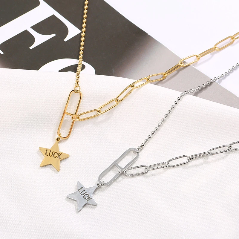 

18K Gold Filled Stainless Steel Rectangle Paper Clip Chain Link Choker Necklace Luck Star Pendant Necklace