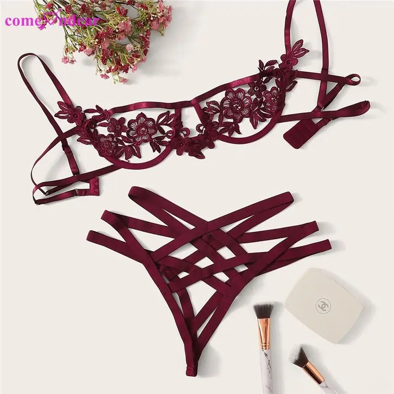 

Wholesale Ladies Embroidery Transparent Bralette Stylish Bra Panty Set