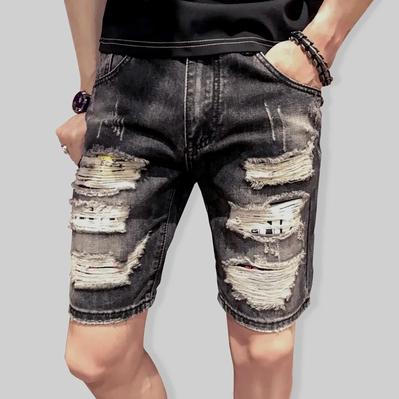 

Men's Ripped jeans Patches slim short pants Summer knee-Length straight beggar pants