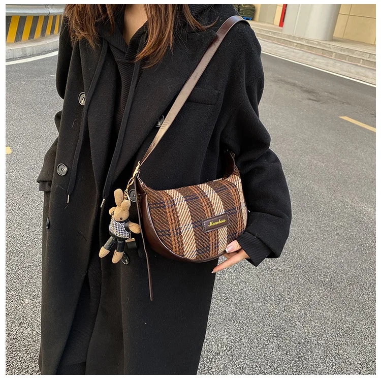 

Long-eared rabbit decorated plaid striped underarm dumpling bag leather clutch handbag shoulder bag, Black, brown, white, coffee