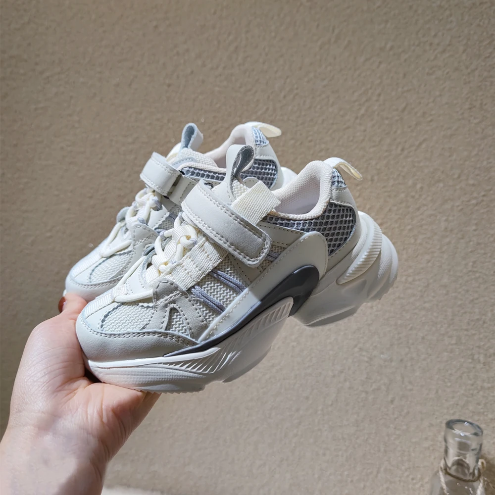 

lace-up buckle mesh brand fashion design children's casual sneakers, White, purple